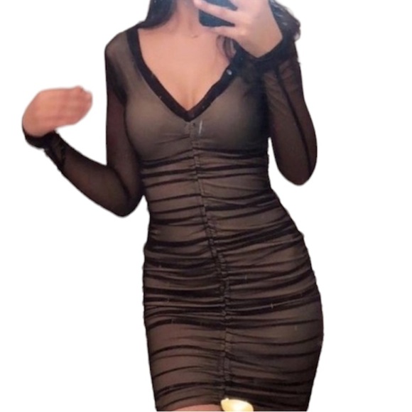 Shinestar Mesh Black Beige Long Sleeve Dress - Picture 1 of 12
